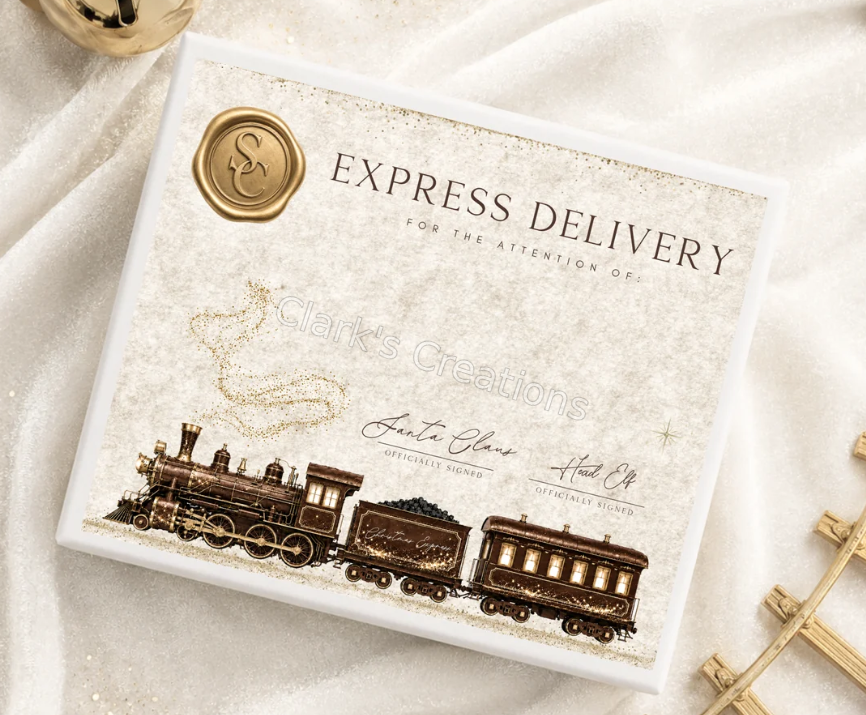 North Pole Express – Beige personalised Christmas Eve box design - Clark's Creations