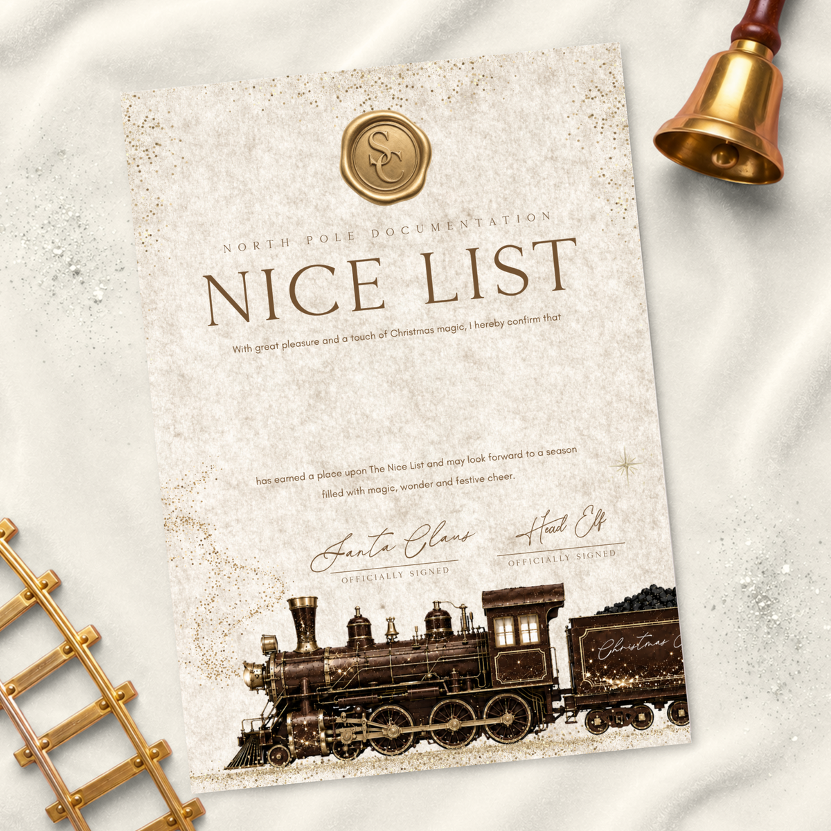 Beige North Pole Express certificate — supplier image; props not included
