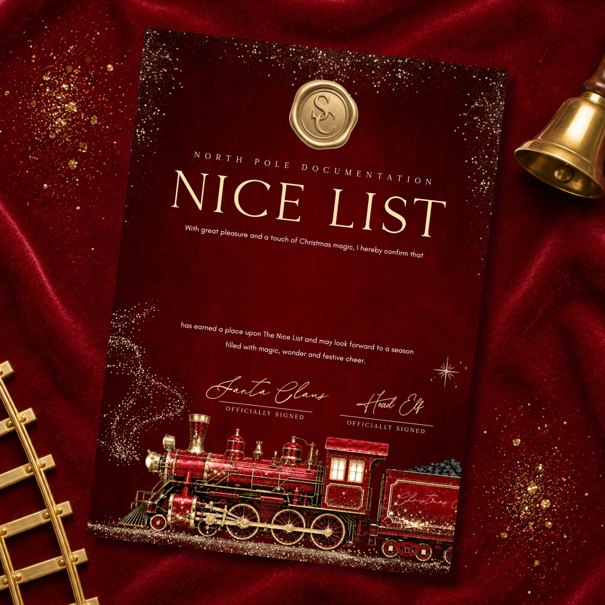 Deep Red North Pole Express certificate — supplier image; props not included