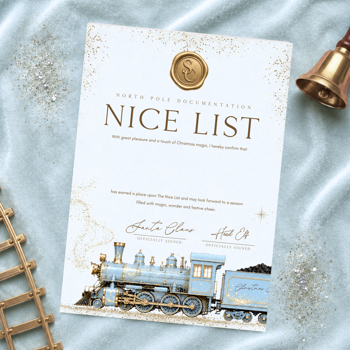 Pale Blue North Pole Express certificate — supplier image; props not included