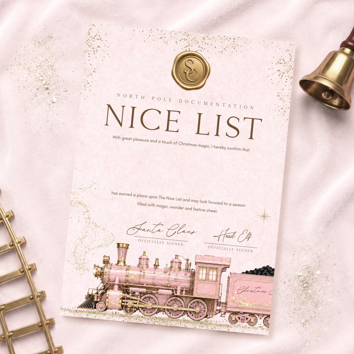 Pink North Pole Express certificate — supplier image; props not included