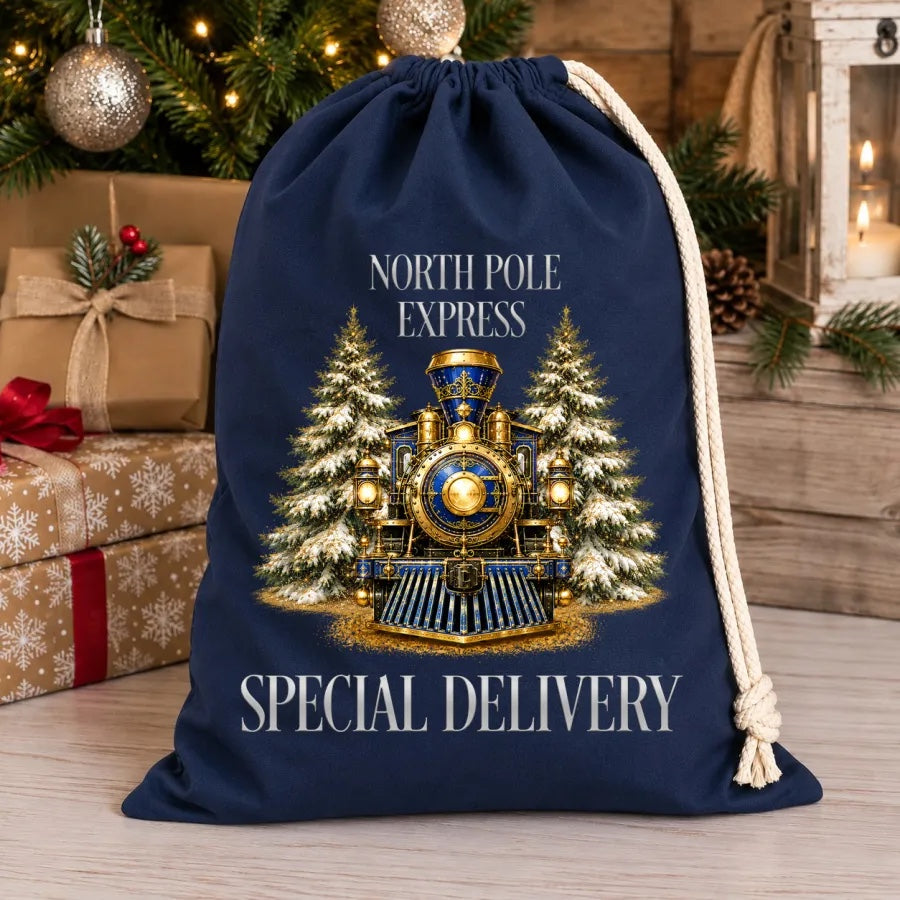 North Pole Express Special Delivery navy Christmas sack