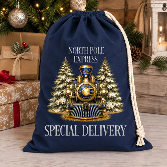 North Pole Express Special Delivery navy Christmas sack