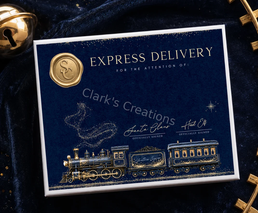 North Pole Express – Navy personalised Christmas Eve box design - Clark's Creations