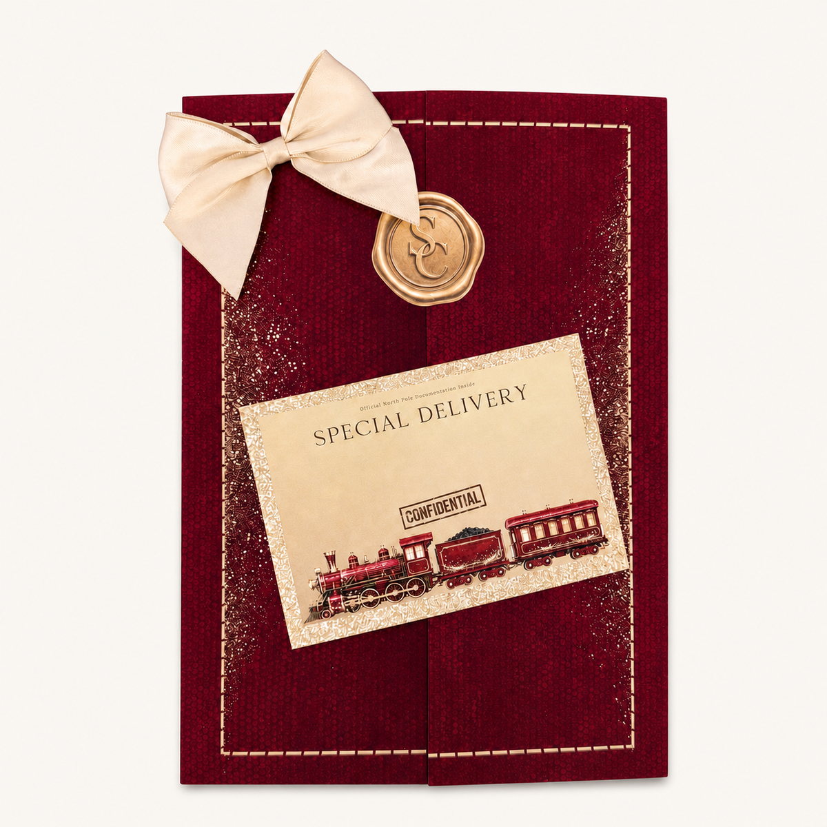 Deep Red North Pole Express certificate wallet — supplier image