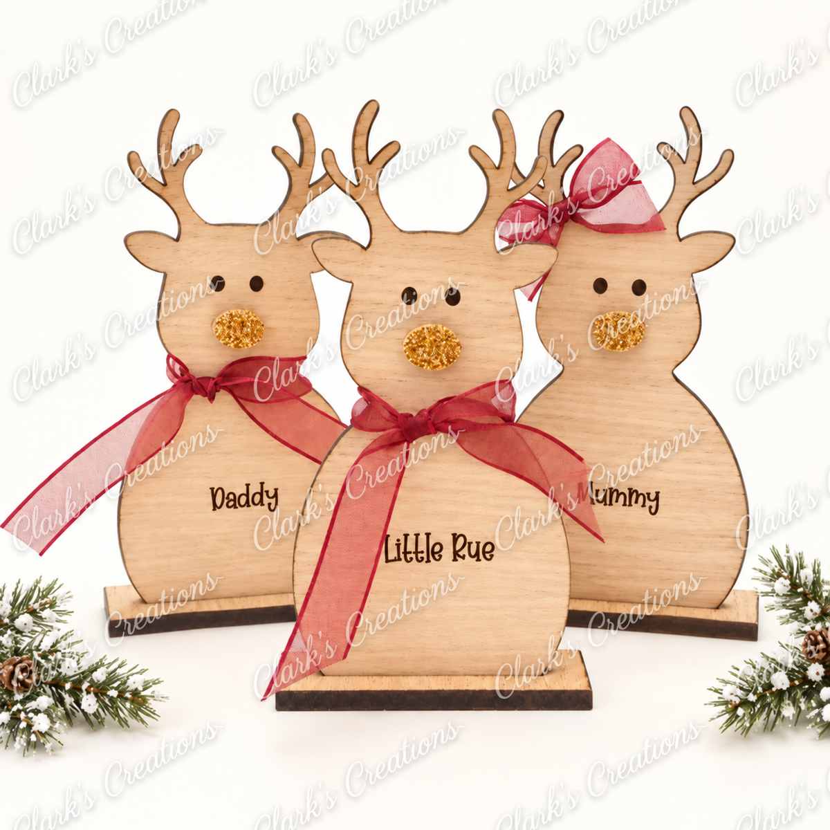 Personalised Oak Reindeer with Gold Glitter Nose