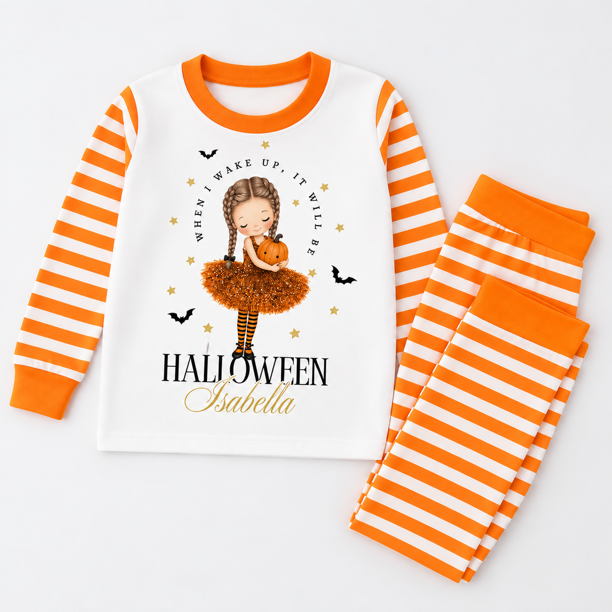 Personalised Orange Tutu Girl When I Wake Up Halloween pyjamas in orange stripes