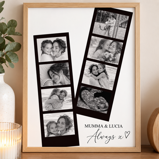 Personalised A3 filmstrip polaroid duo photo print in light oak frame