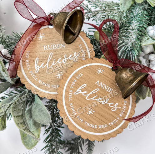 Personalised Believes Christmas scallop decoration with bells