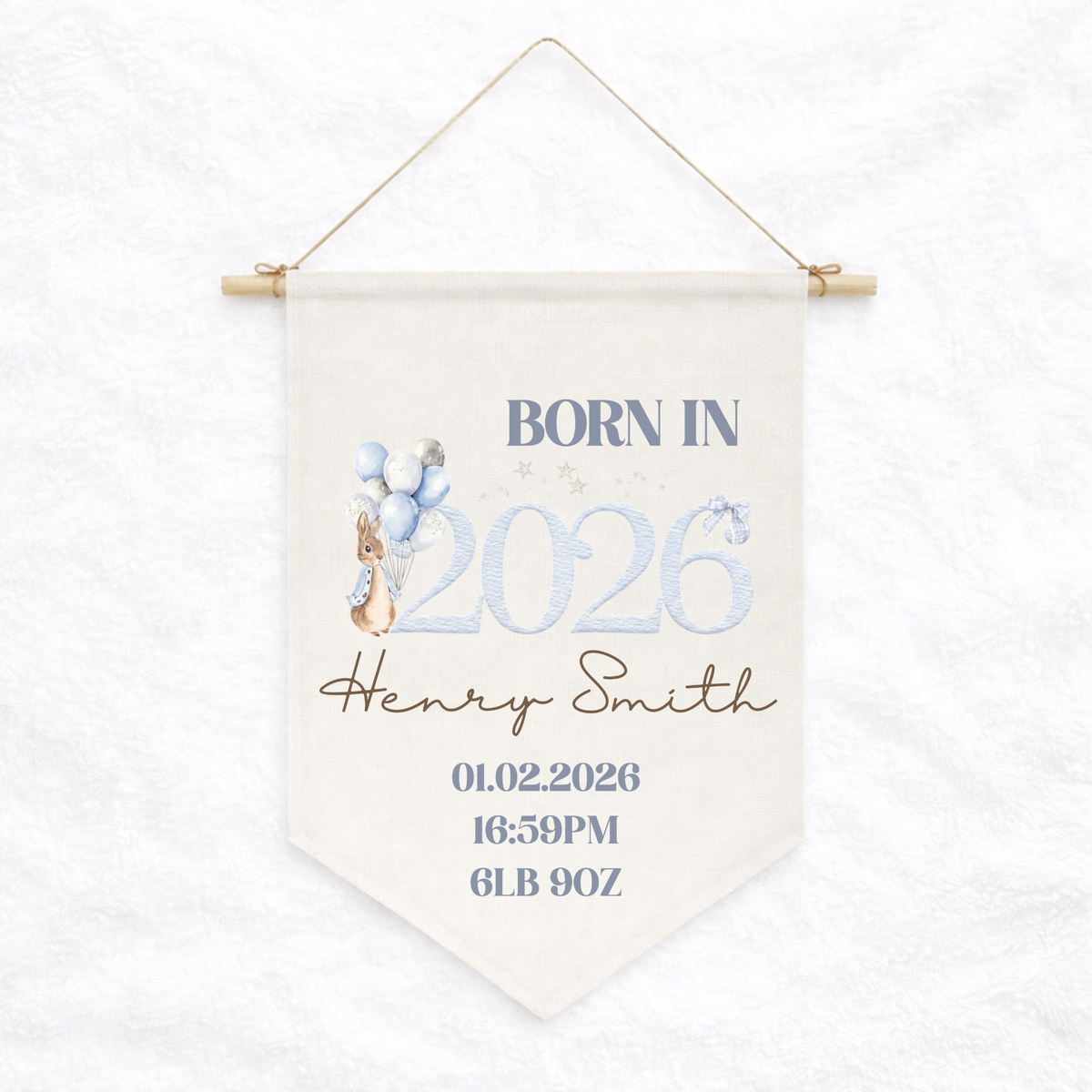 Personalised blue bunny birth announcement pennant