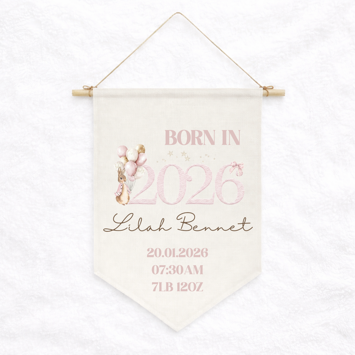 Personalised pink bunny birth announcement pennant