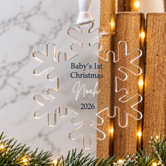 Personalised Baby's 1st Christmas clear acrylic snowflake decoration