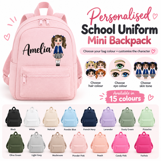 Personalised school uniform mini backpack available in 15 colours