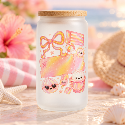 Pink Dumpling glass can with bamboo lid in a pastel beach setting