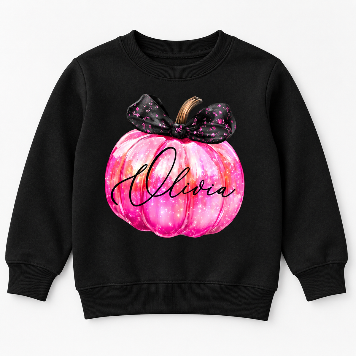 Personalised pink neon pumpkin Halloween sweatshirt on a black children's sweatshirt