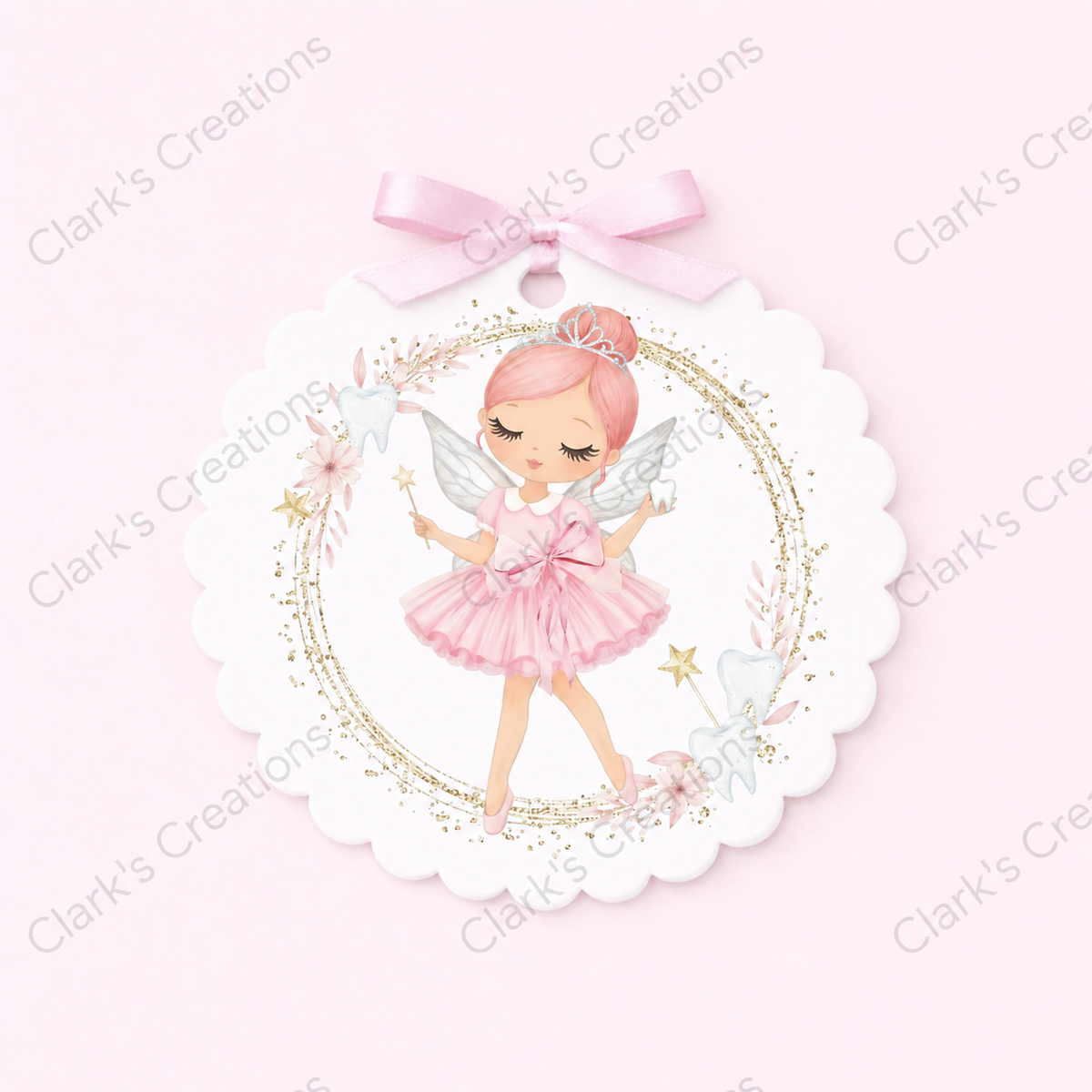 Pink scalloped Tooth Fairy acrylic keepsake token with Clark's Creations watermark