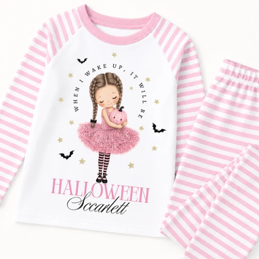 Personalised pink tutu girl When I Wake Up Halloween pyjamas in pink stripes