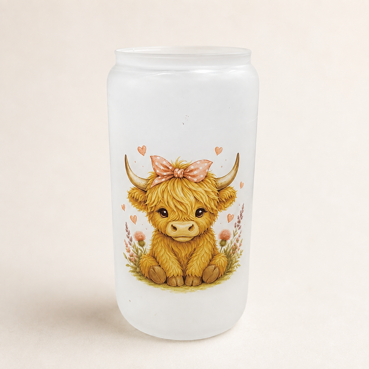 Floral Highland Cow frosted glass can
