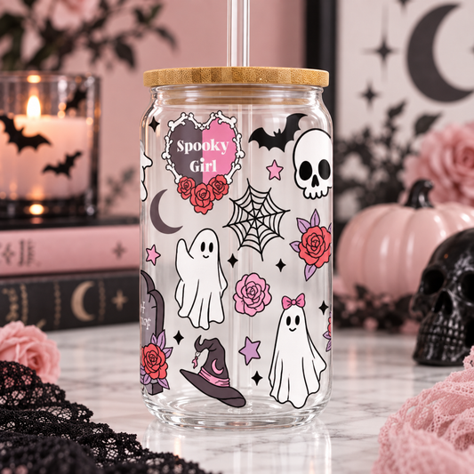 Spooky Girl Halloween glass can with bamboo lid and straw in a pink gothic Halloween setting