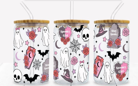 Spooky Girl Halloween glass can with bamboo lid and straw