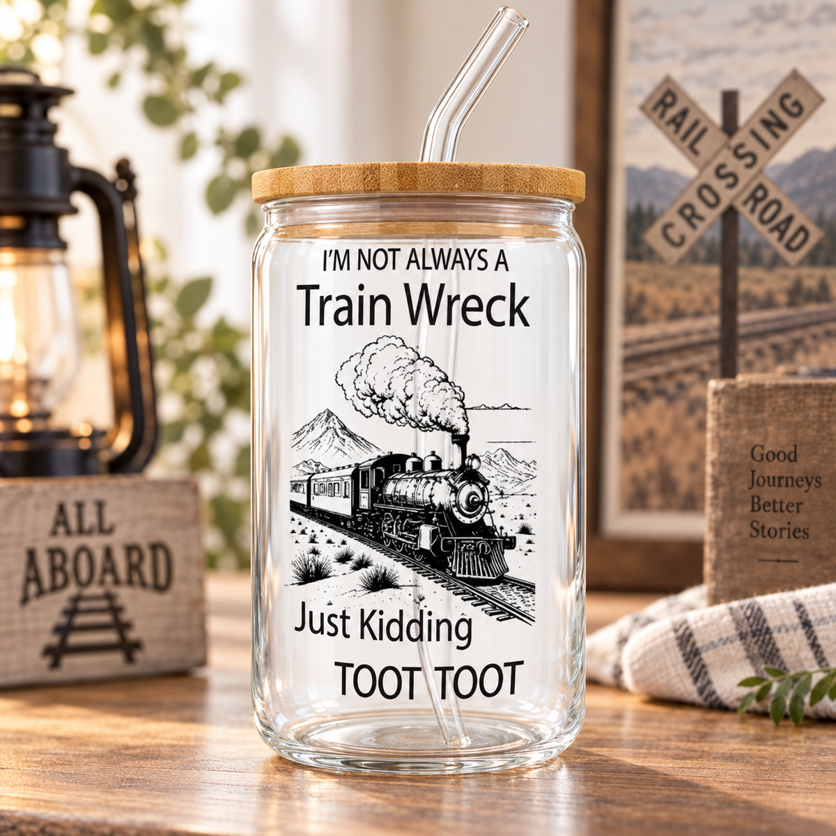 Train Wreck glass can with bamboo lid and straw in a railway themed setting
