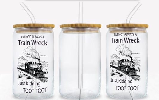Train Wreck glass can with bamboo lid and reusable straw