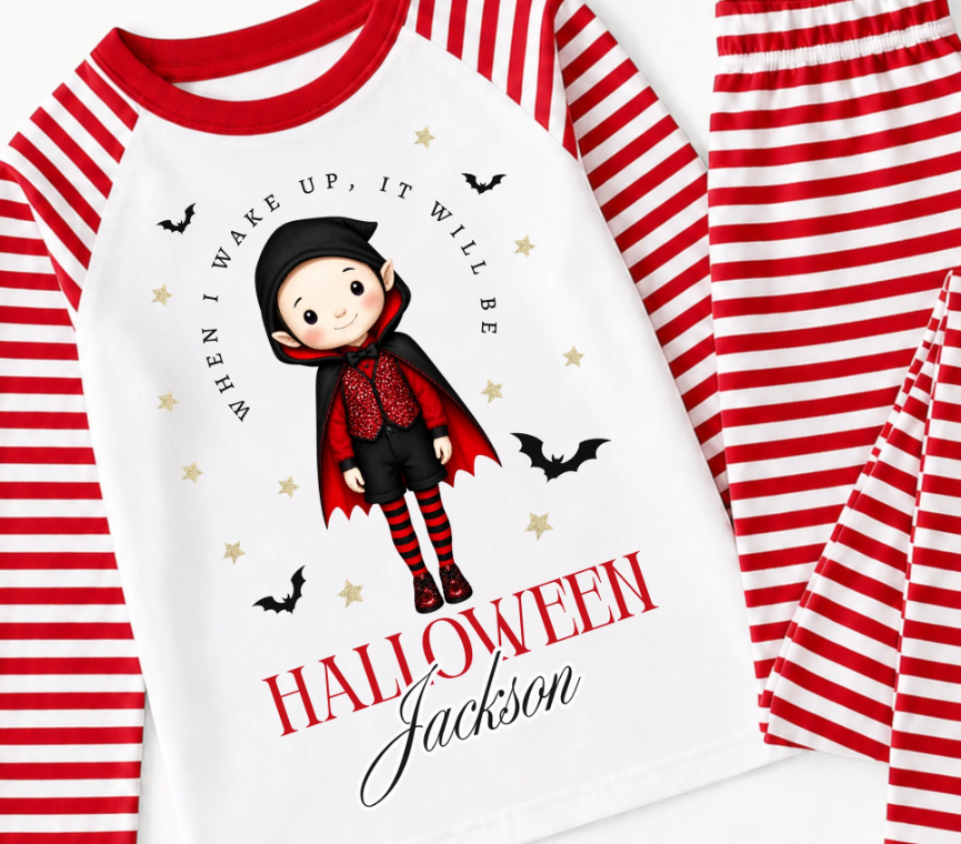 Personalised Vampire When I Wake Up Halloween pyjamas in red stripes
